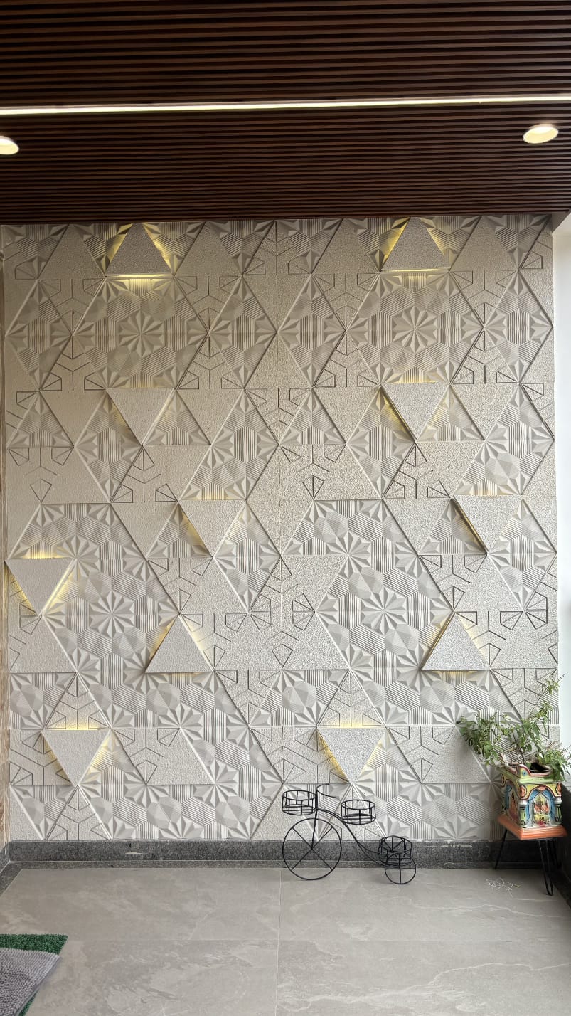 Welcoming entrance foyer vestibule with 3D faceted geometric stone accent wall, vintage bicycle decor, and lush planter