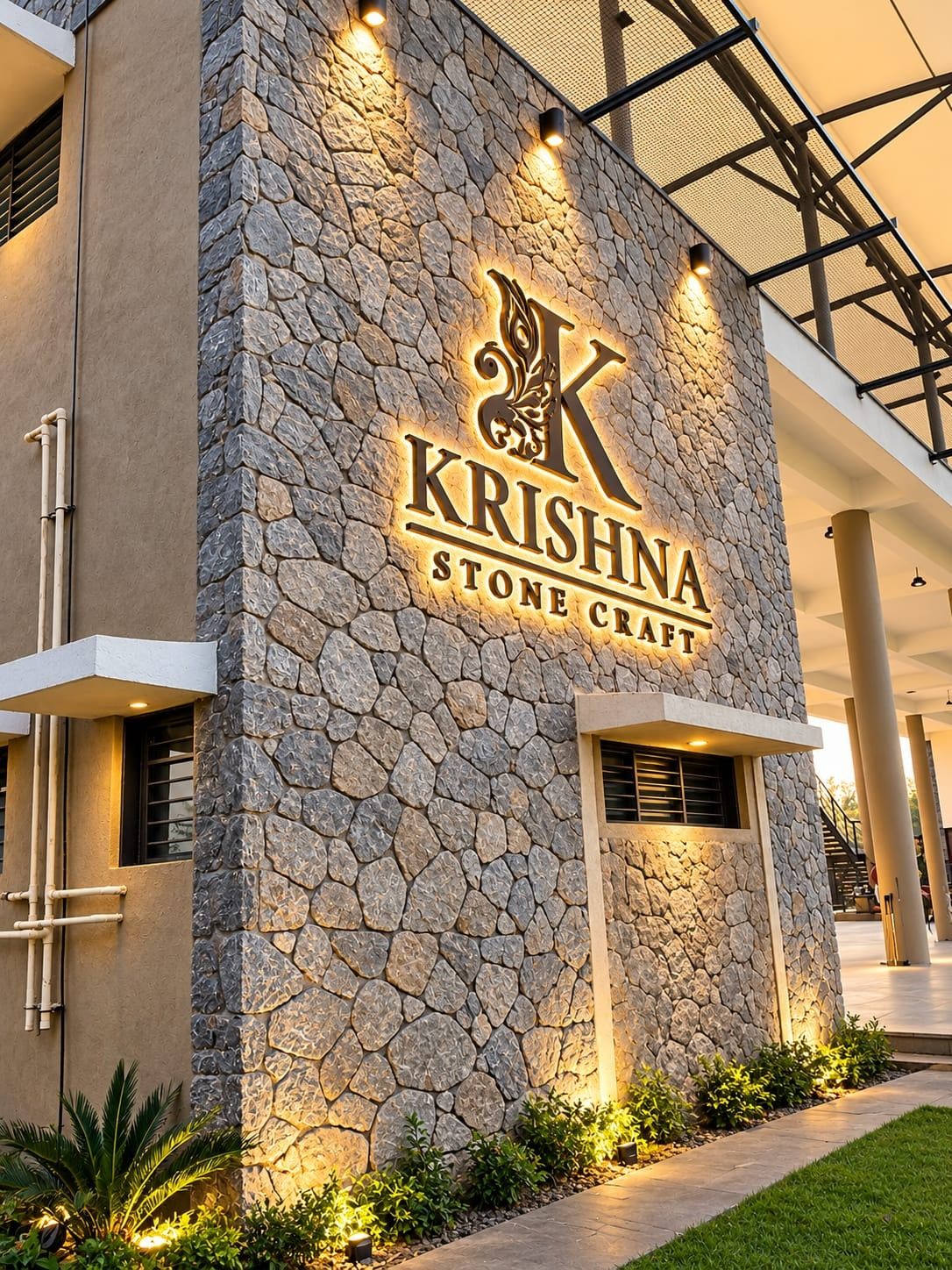 Krishna Stone Craft flagship showroom exterior facade with warm illuminated signage on natural cobble stonework