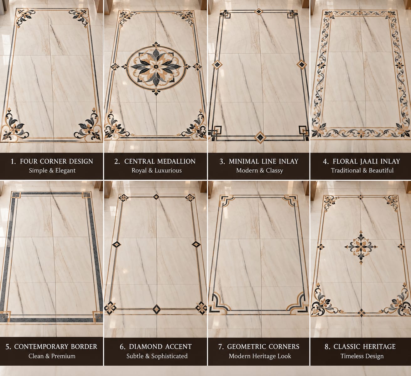 Architectural showcase of traditional Pietra Dura marble floor inlay borders, corner pieces, and central medallions